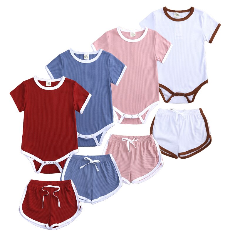 2022 New Baby Girls Boys Ƿ Ʈ Ribbed Colid 2 Pieces Romper + Shorts Set Outfits  ư ݼҸ ٵ Ʈ